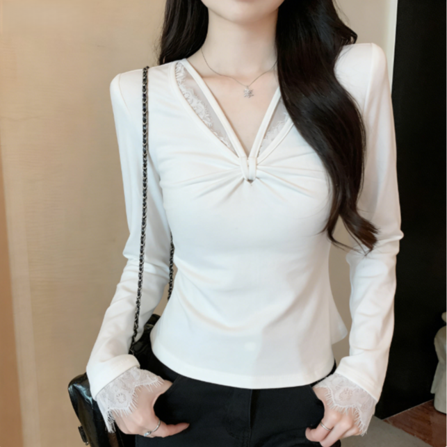 加绒秋冬新款时尚V领系带褶皱长袖女显瘦修身纯欲风打底T恤0089