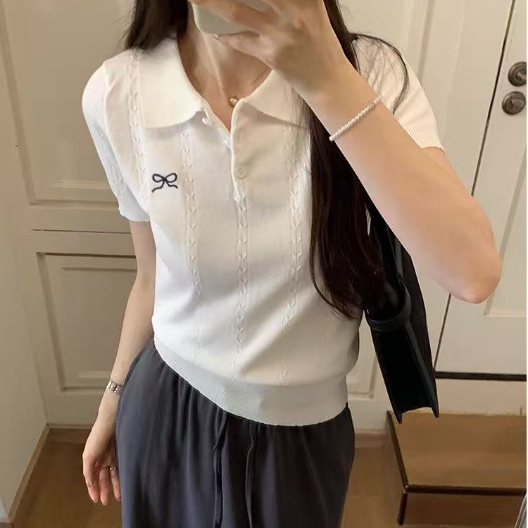 POLO领刺绣小蝴蝶结短袖针织衫竖纹麻花薄款纯色翻领上衣A18宽松