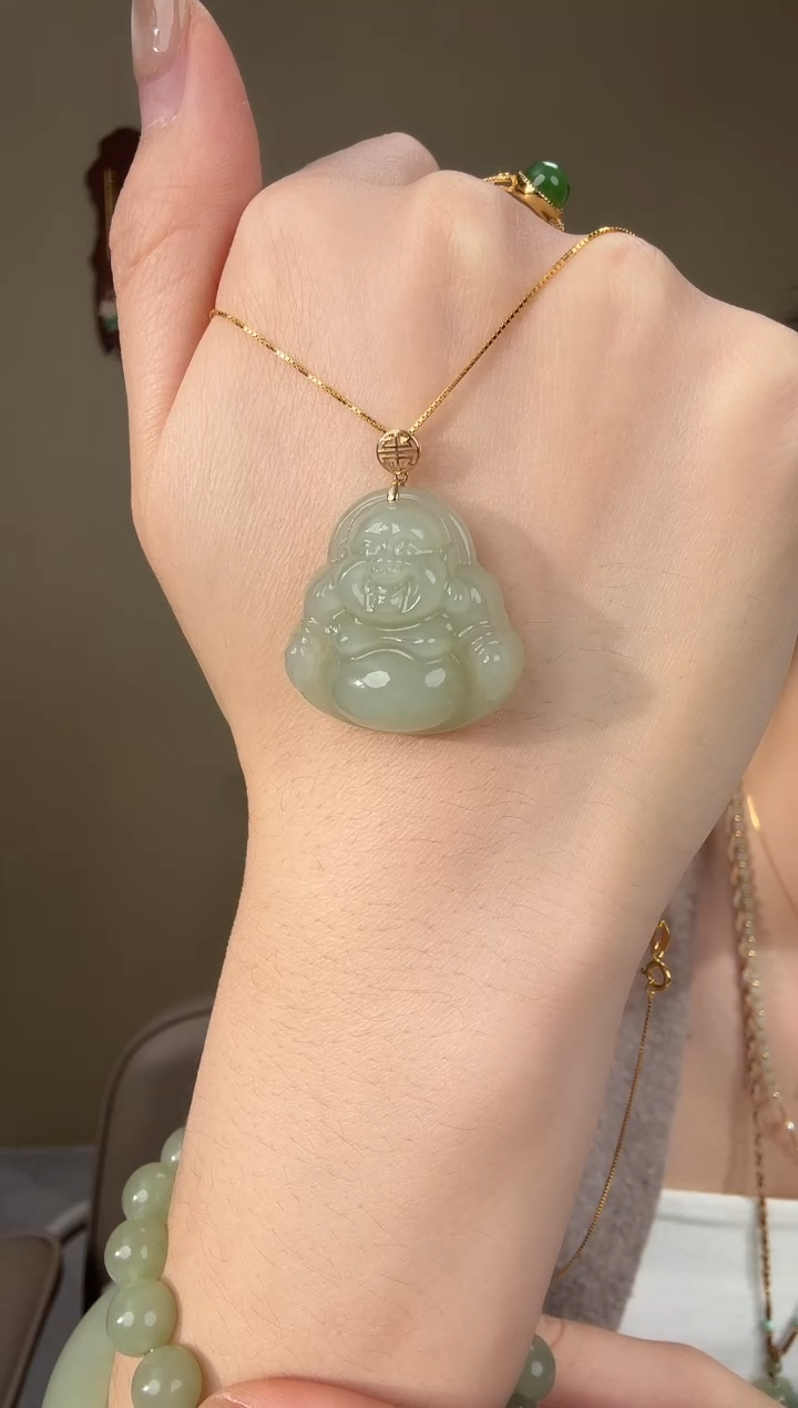 【闪购商品】和田玉吊坠(赠链)18K金镶嵌高冰晴大肚弥勒笑佛
