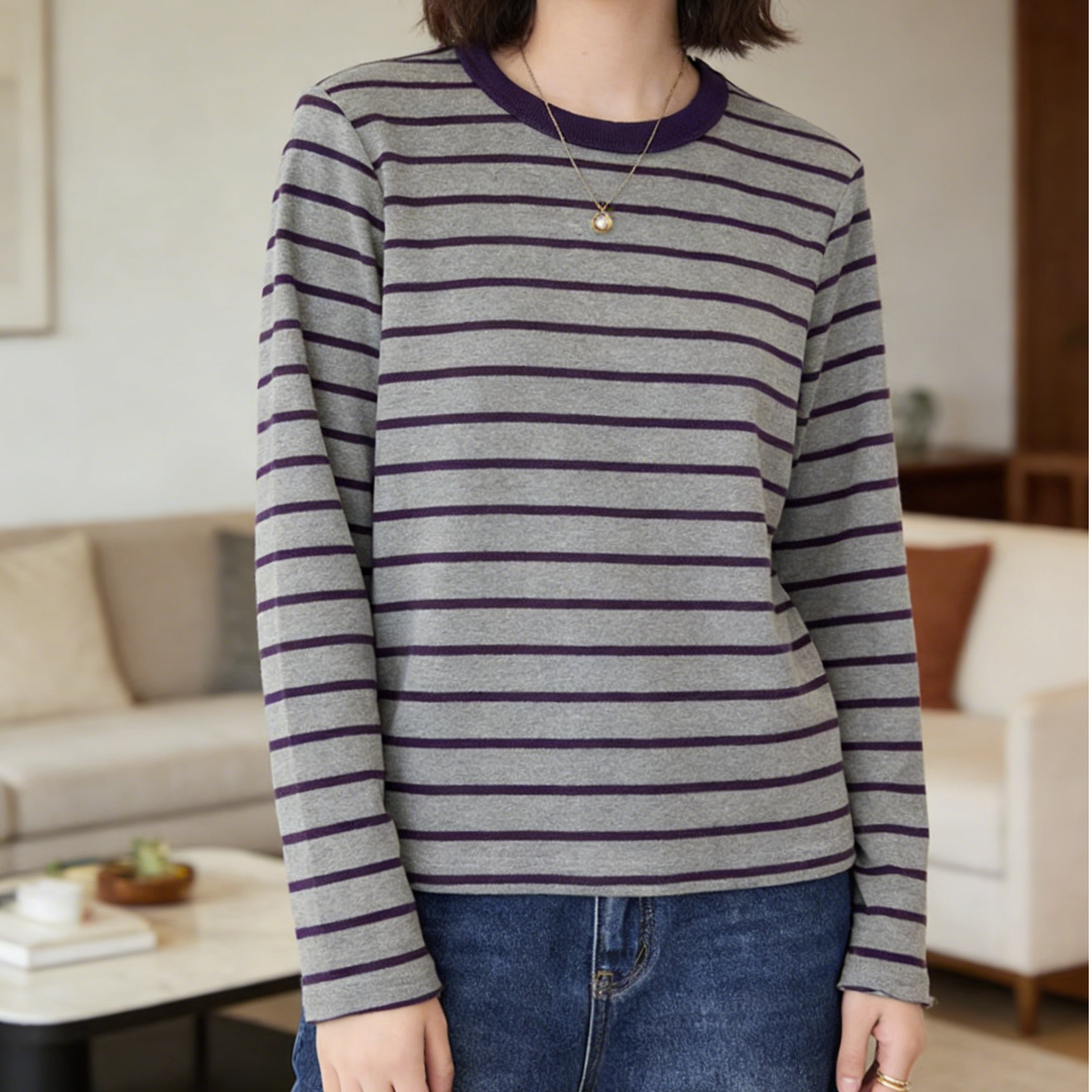 【特价】女装秋季复古双面棉宽松条纹圆领长袖百搭打底T恤