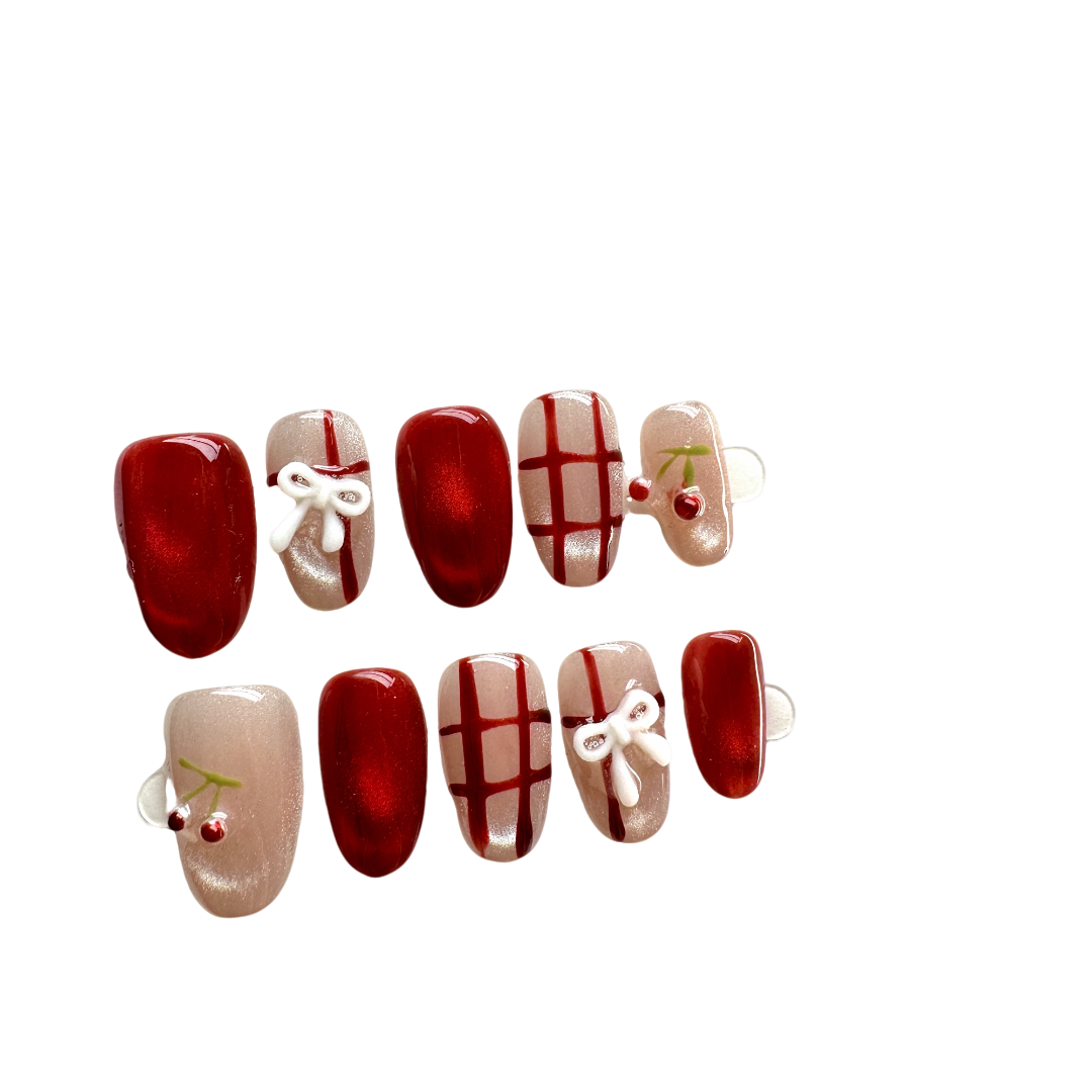 红色显白可爱波点蝴蝶结手工穿戴贴片美甲A11