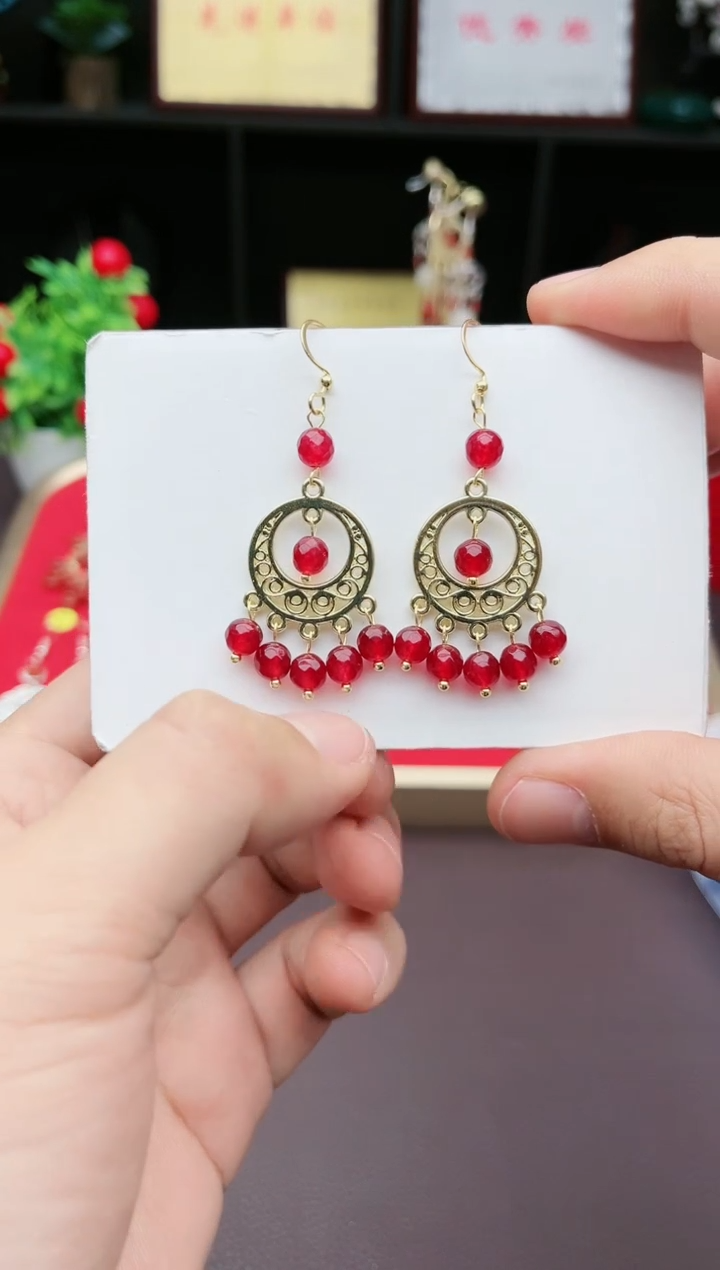 【闪购商品】红色碧玺耳饰银S925镶嵌112000