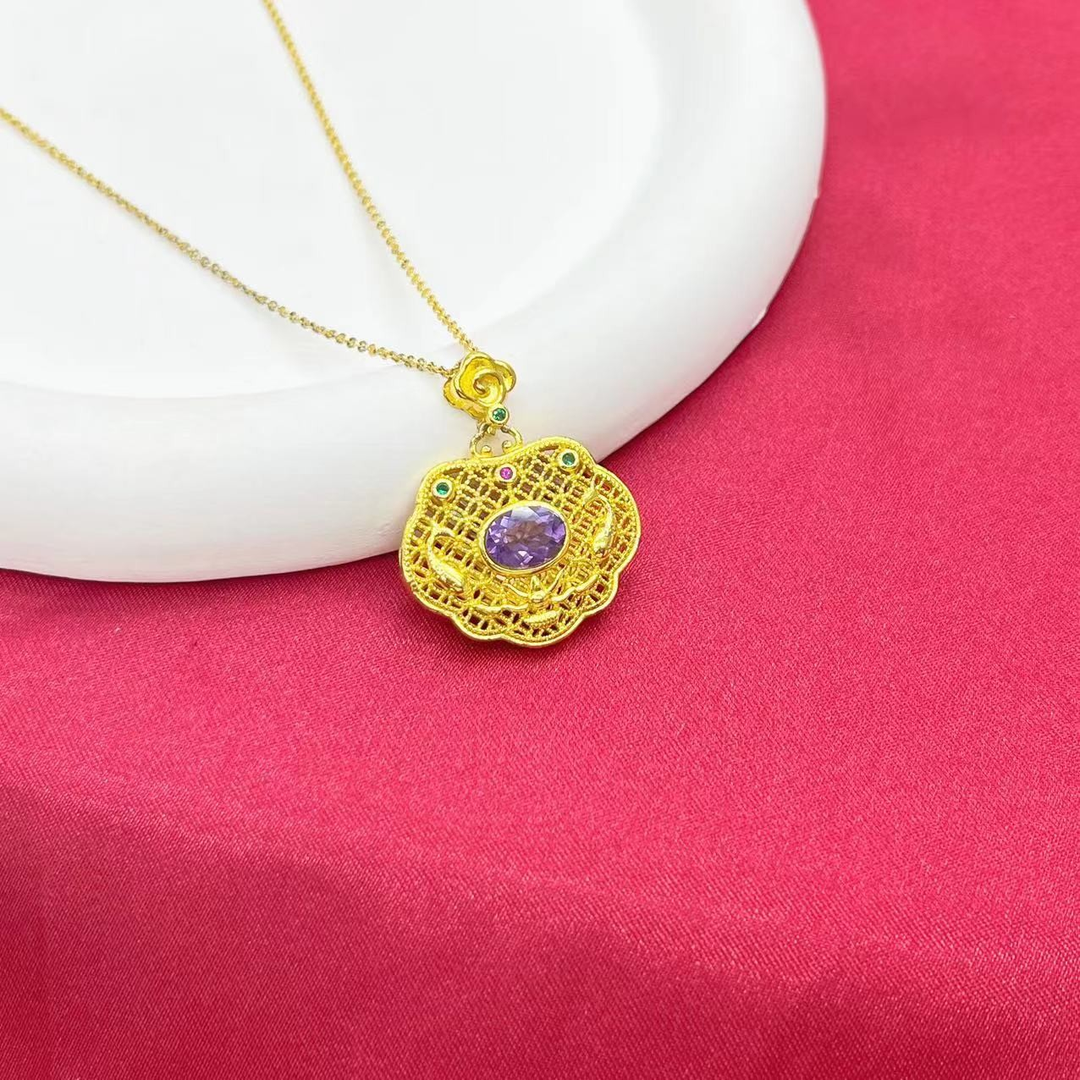 天然紫水晶紫气东来长命锁吊坠K141