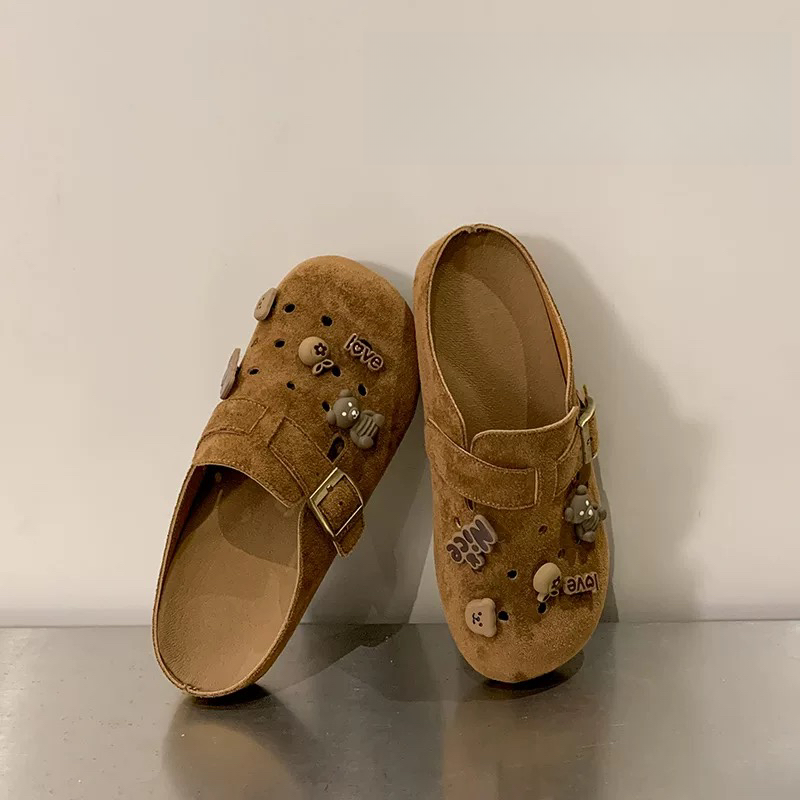 三福真皮厚底洞洞勃肯鞋女夏外穿2025新款一脚蹬软底博肯包头拖鞋