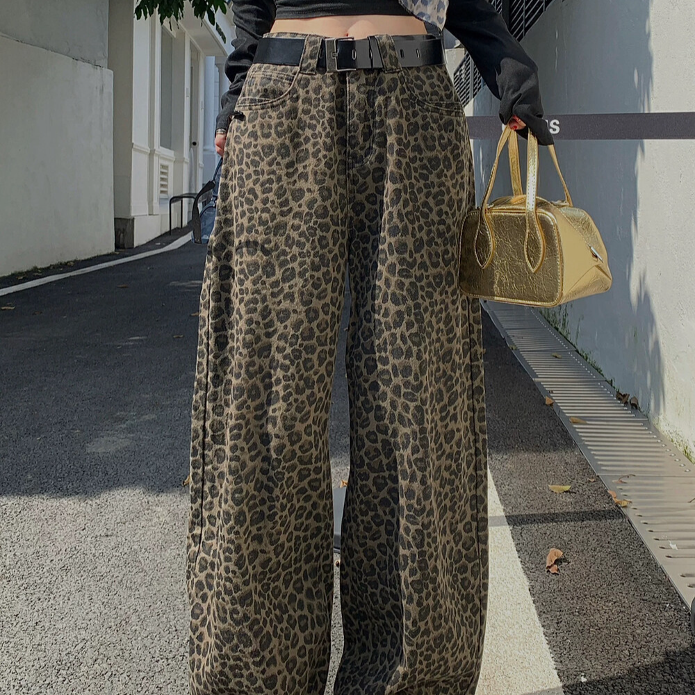 1018 冬上新豹纹阔腿牛仔裤休闲百搭直筒拖地宽松复古牛仔裤