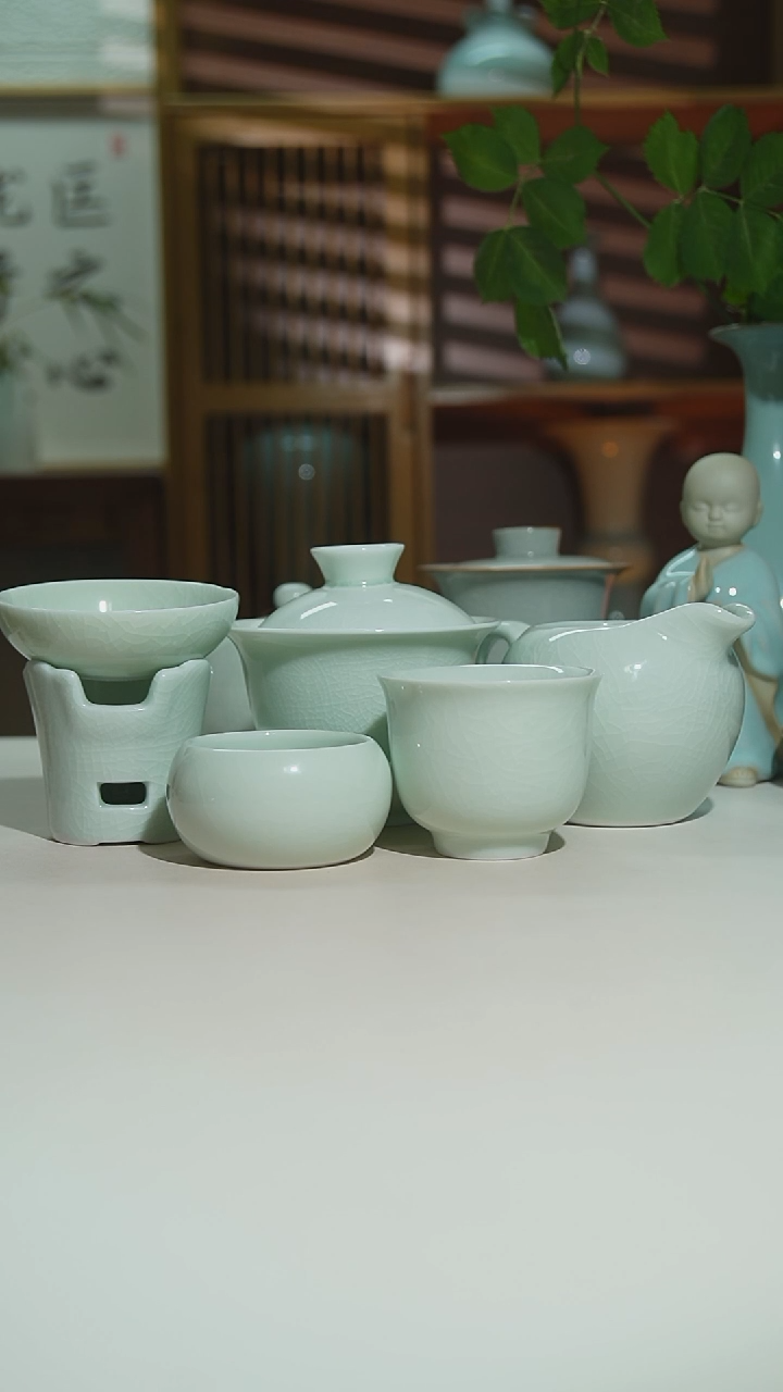 杯玉青玉兰盖碗十件套一口价