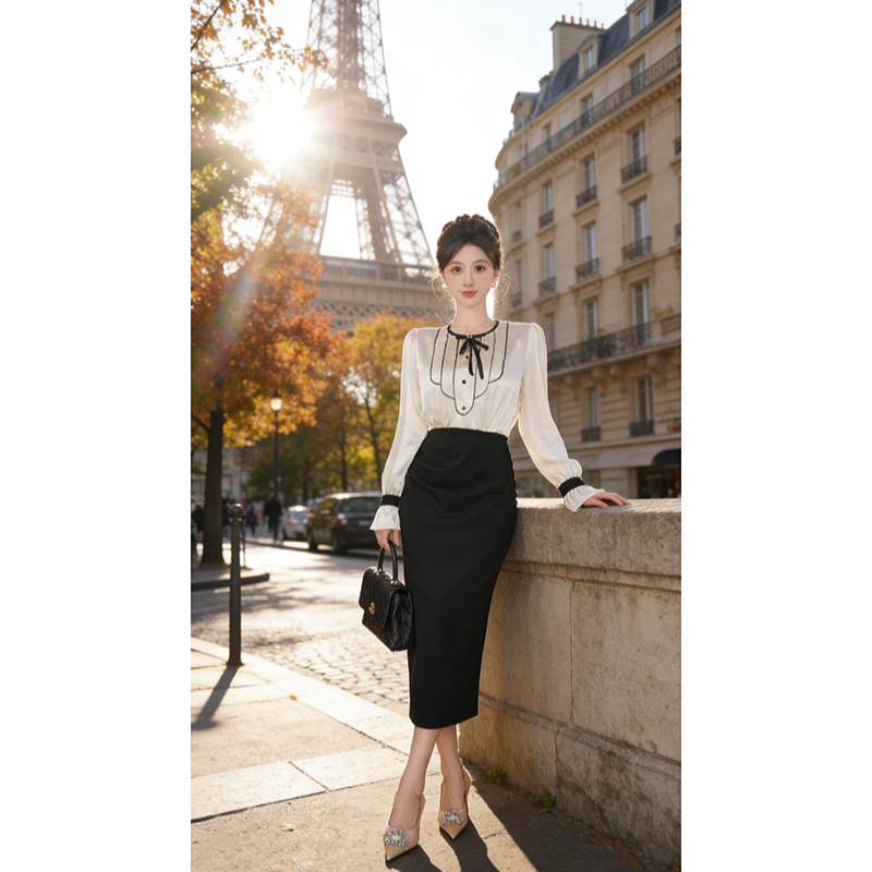 【张小小】春秋新款优雅撞色收腰连衣裙D4676