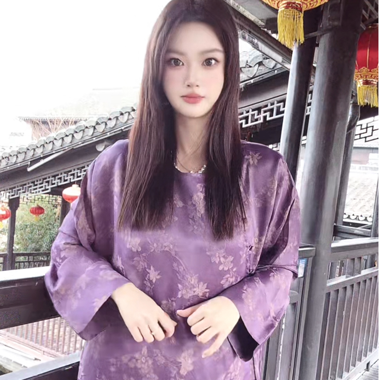 君子纤真丝香云纱新中式长袖炒色花萝上衣100桑蚕丝女中国风复古