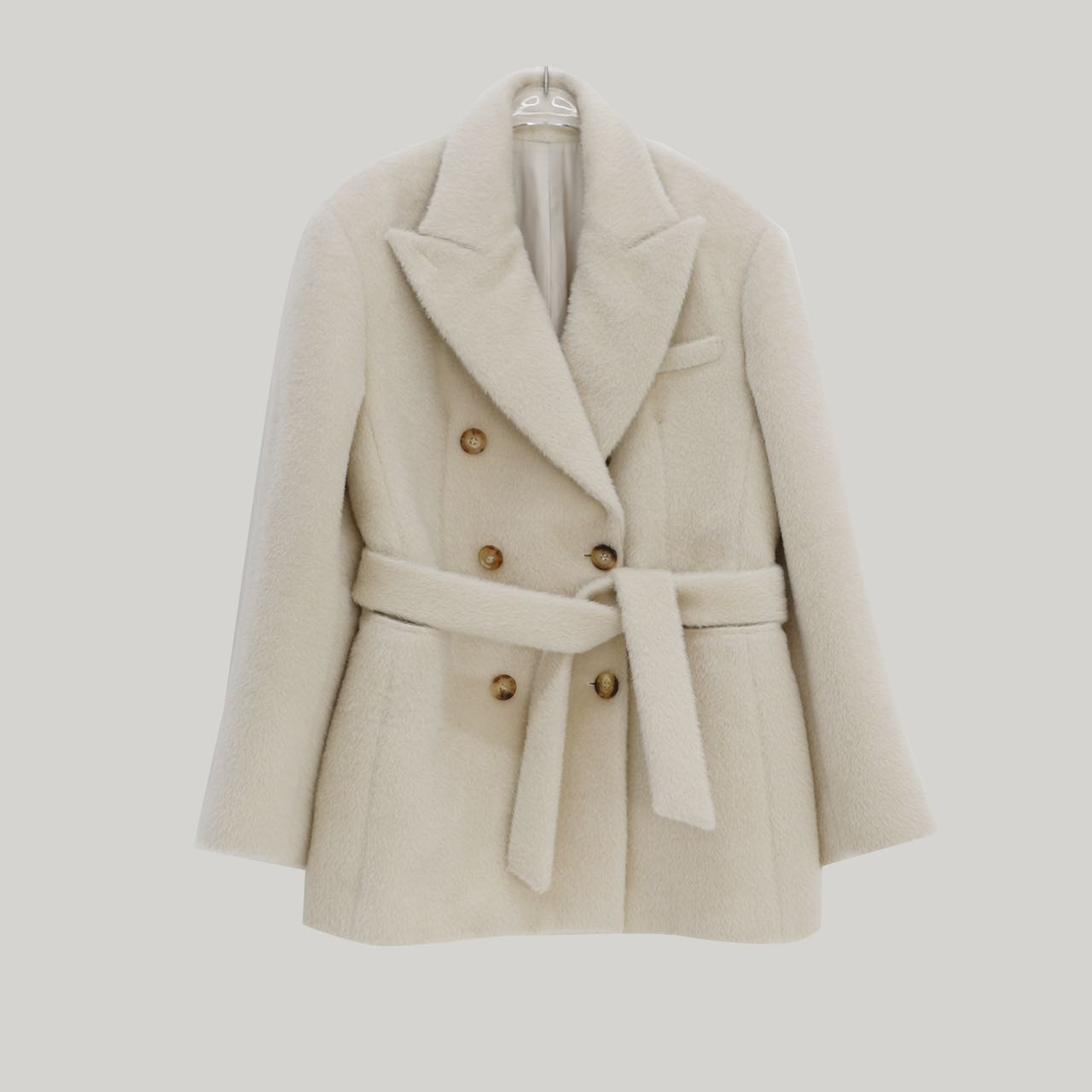 韩国小众品牌 elborn 翻领收腰双排扣短款大衣