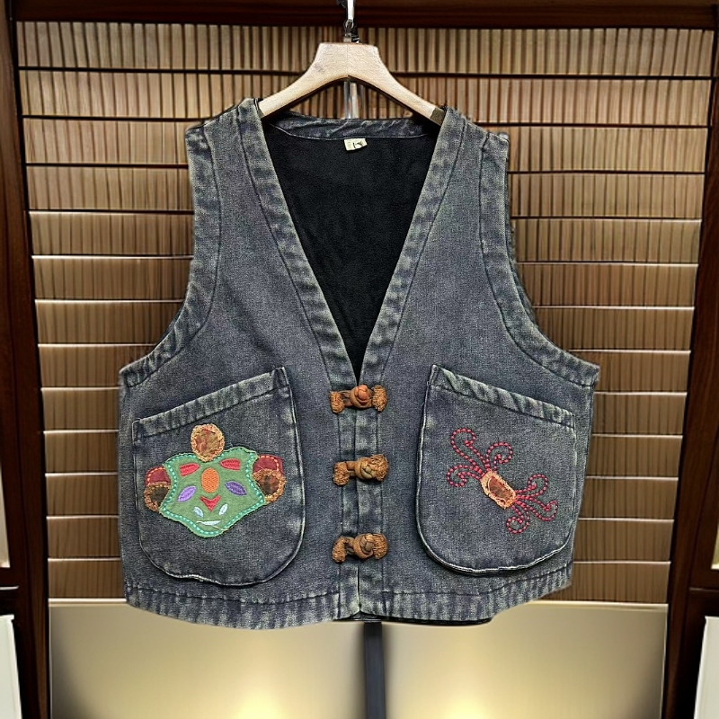 铭帆-秋冬复合一体绒民族风抄色牛仔盘扣马甲衣长60厘米胸围124