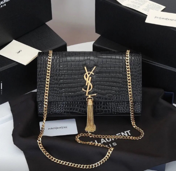 95新 YSL/圣罗兰 Kate鳄鱼纹金扣流苏WOC 手提单肩斜挎包