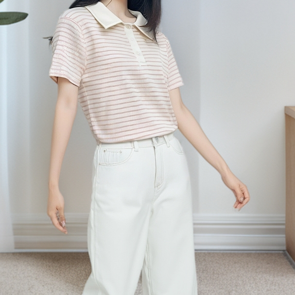 A2753粉翻领扣条纹拼色短袖T恤