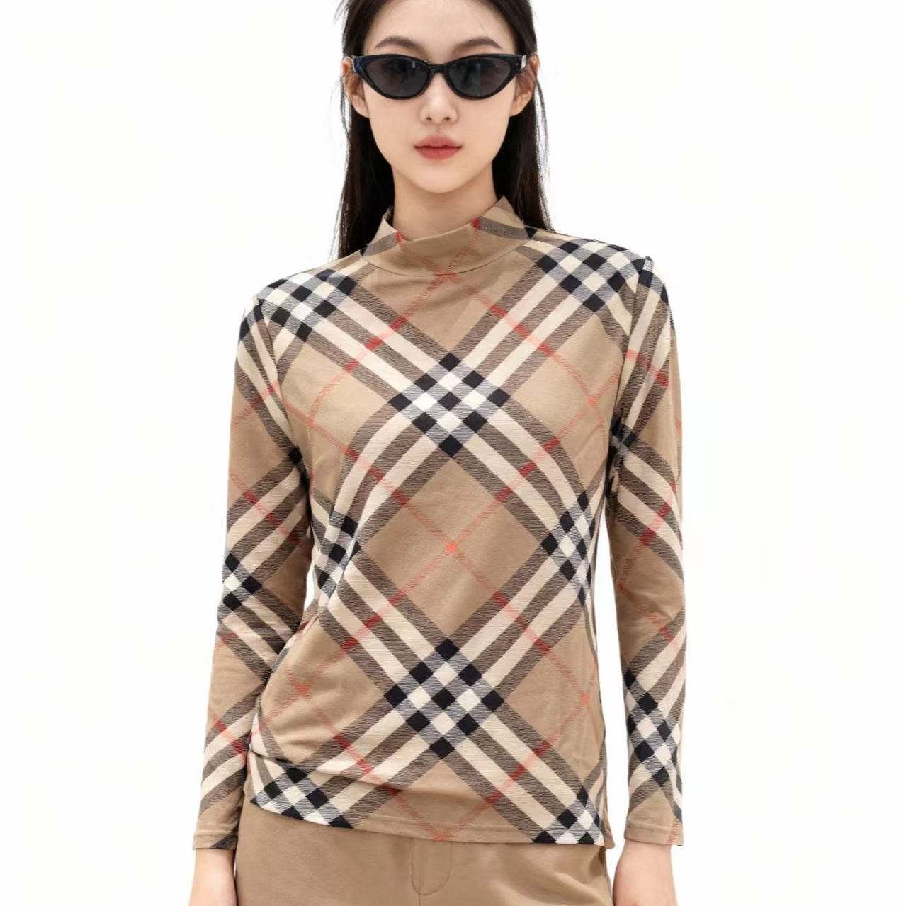 格纹时尚半高领长袖条纹T恤-8960-A387