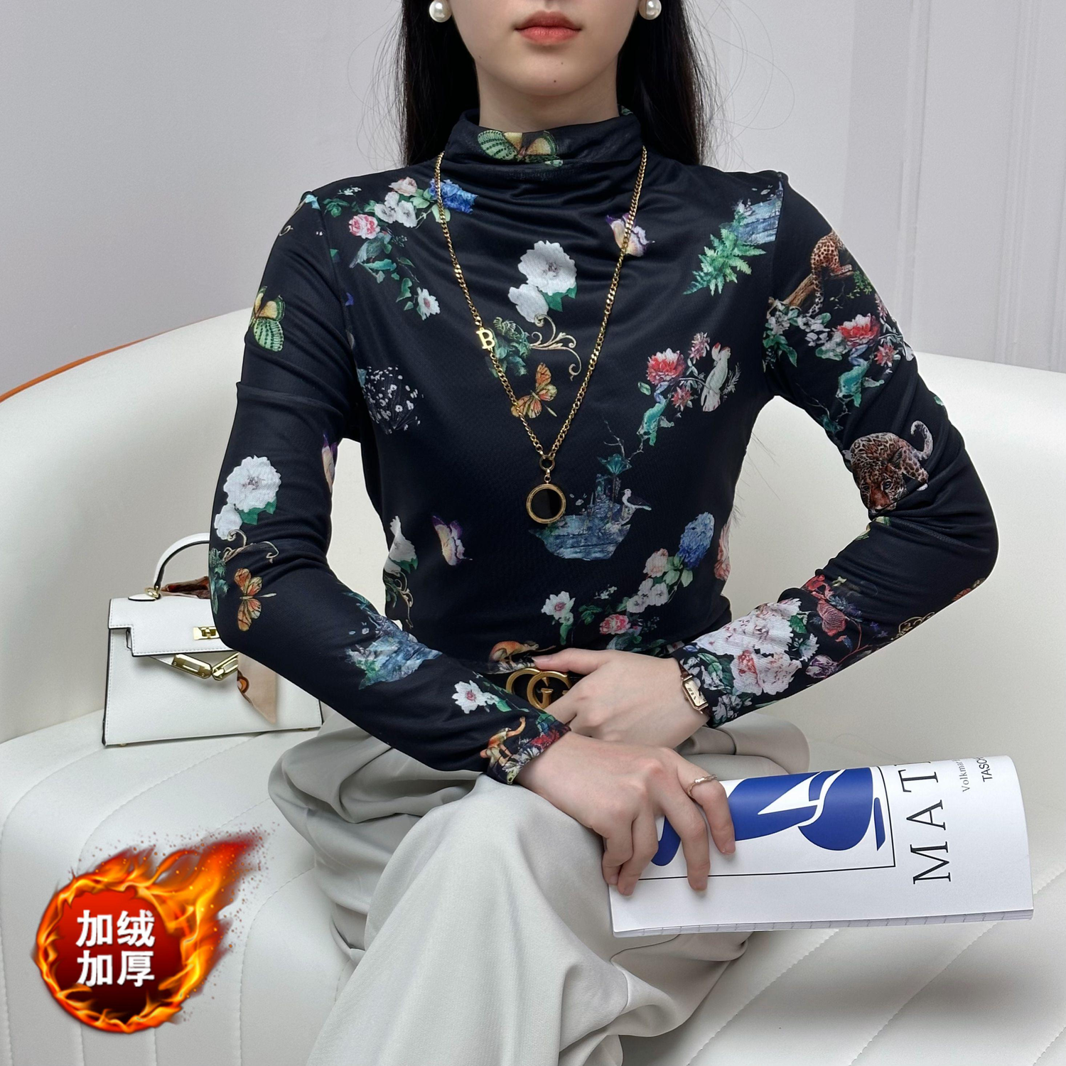 秋冬网纱加绒半高领厚款打底修身显瘦减龄印花长袖