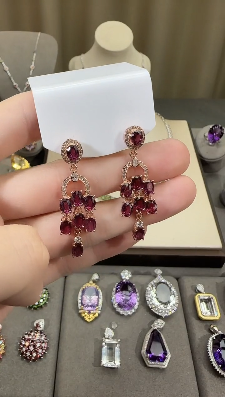 银S925镶嵌耳饰石榴石3*6mm耳坠流苏设计款