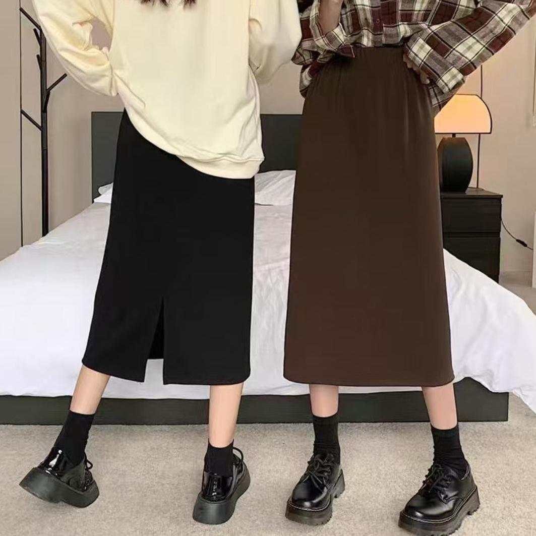 2025春秋新款显瘦纯色松紧腰后开叉半身裙时尚百搭A字裙830-9长76