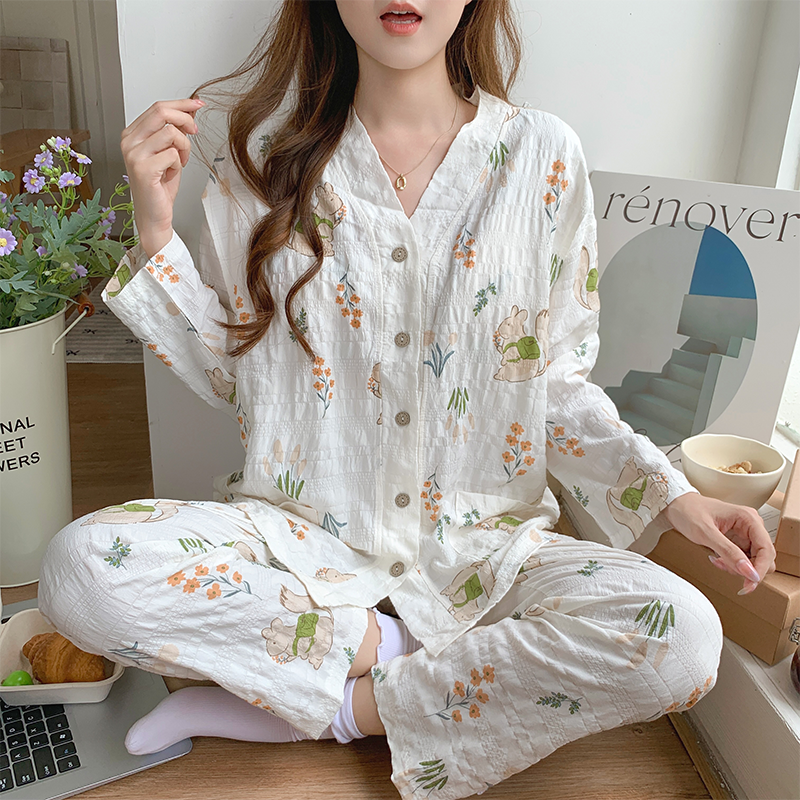 【带胸垫】月子服春秋天夏季棉纱薄款产后纯棉长袖喂奶哺乳孕妇睡衣