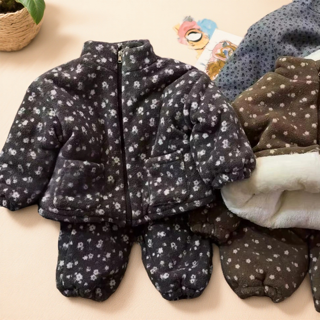 男女童冬季加绒加厚时尚保暖复古百搭碎花保暖加厚两件套一套过冬