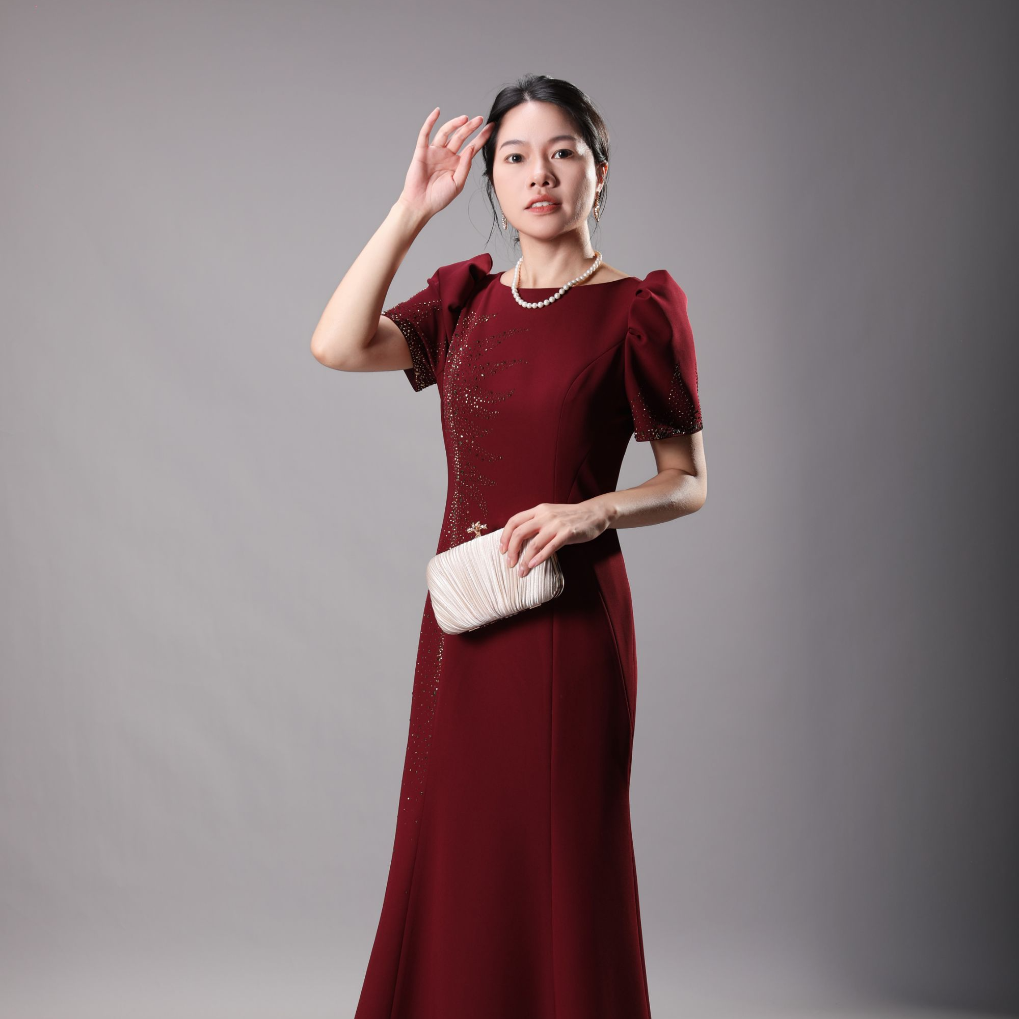 BOFEINA/帛妃娜高定高贵显瘦气质长裙红色喜婚礼妈妈装婆婆婚宴服