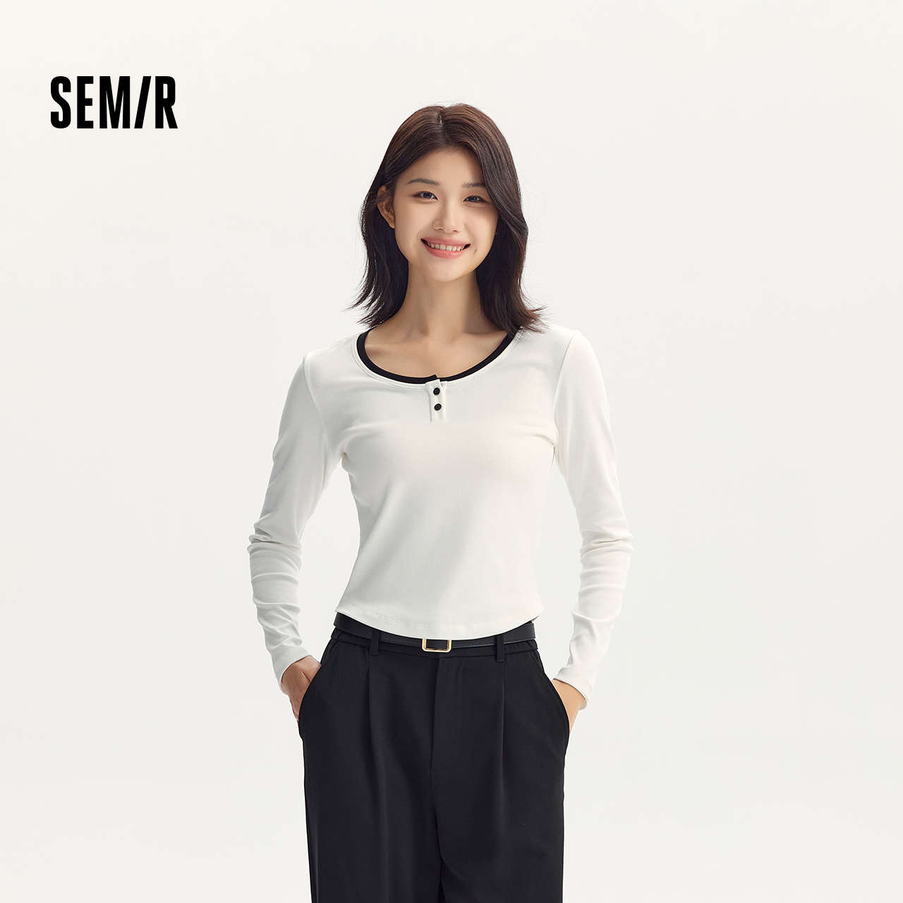 森马长袖T恤女短款撞色打底衫简约风秋季假两件修身衣服显瘦百搭