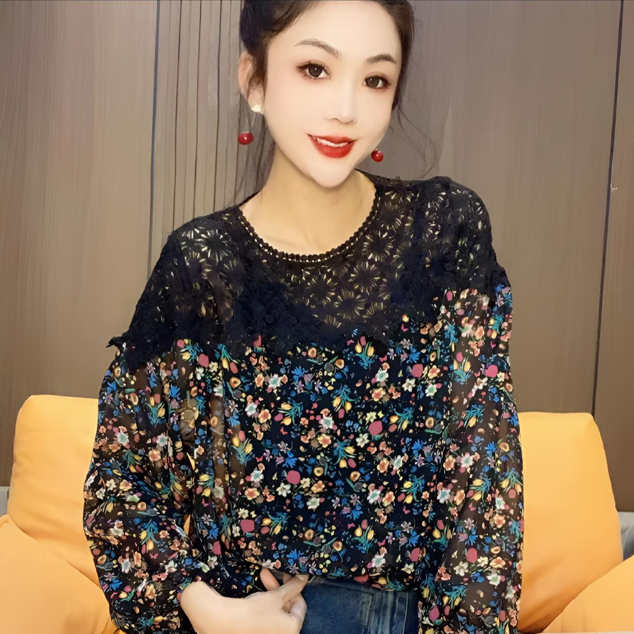 秋季新款时尚宽松拼接花衫拼接蕾丝长袖小衫20251