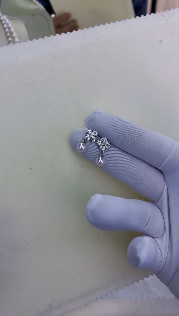 银S925镶嵌饰品海水珍珠四叶草耳饰