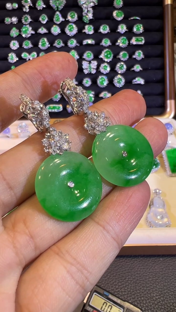 【闪购商品】翡翠耳饰18K金镶嵌高冰金丝阳绿大平安扣耳坠吊坠两用