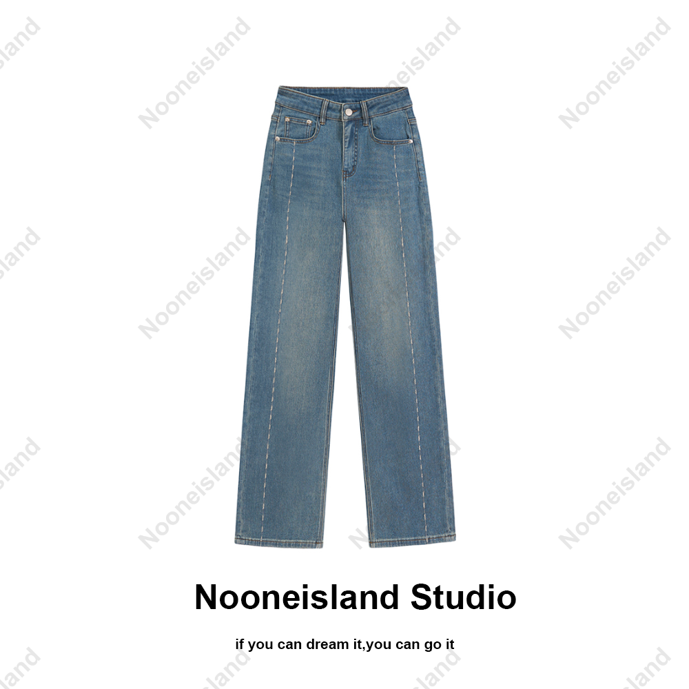Nooneisland复古蓝阔腿直筒牛仔裤秋冬季新款中高腰显瘦裤子6100
