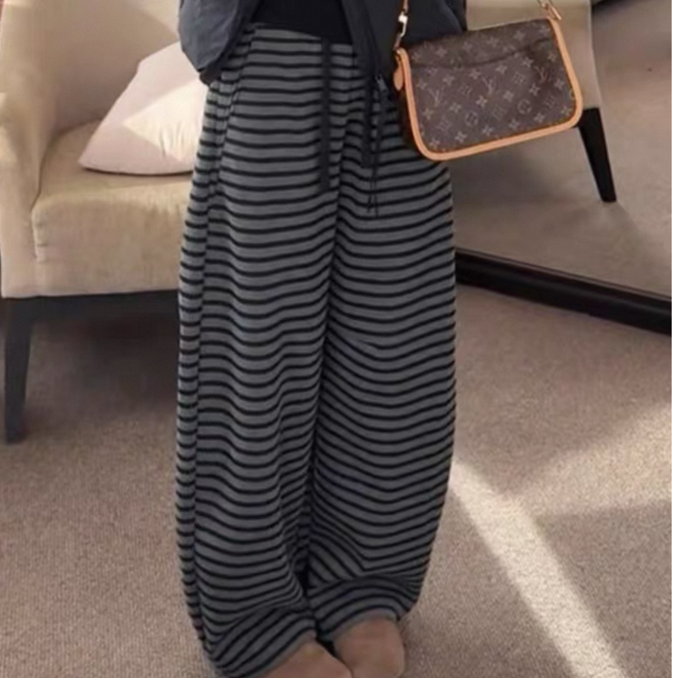 加绒加厚条纹直筒阔腿裤2025秋冬新款韩版抽绳高腰休闲显瘦弯刀裤