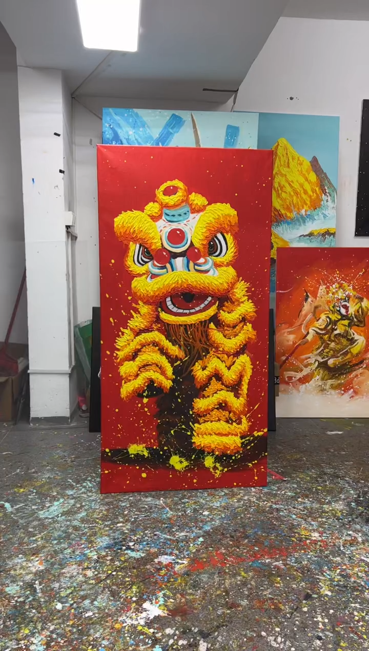 【闪购商品】丙烯画大树老师红底金醒狮加框