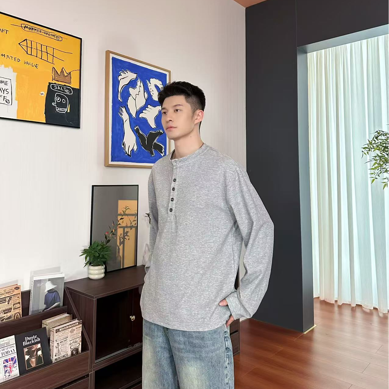 【C&H】2025秋亨利领提花长袖T恤基础休闲百搭半开领上衣HZ2588329