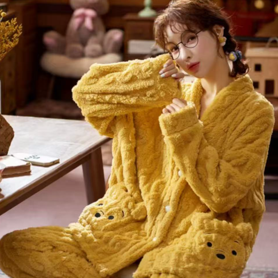 2503卡通提花小熊睡衣女秋冬加厚保暖大码甜美可外穿家居服套装