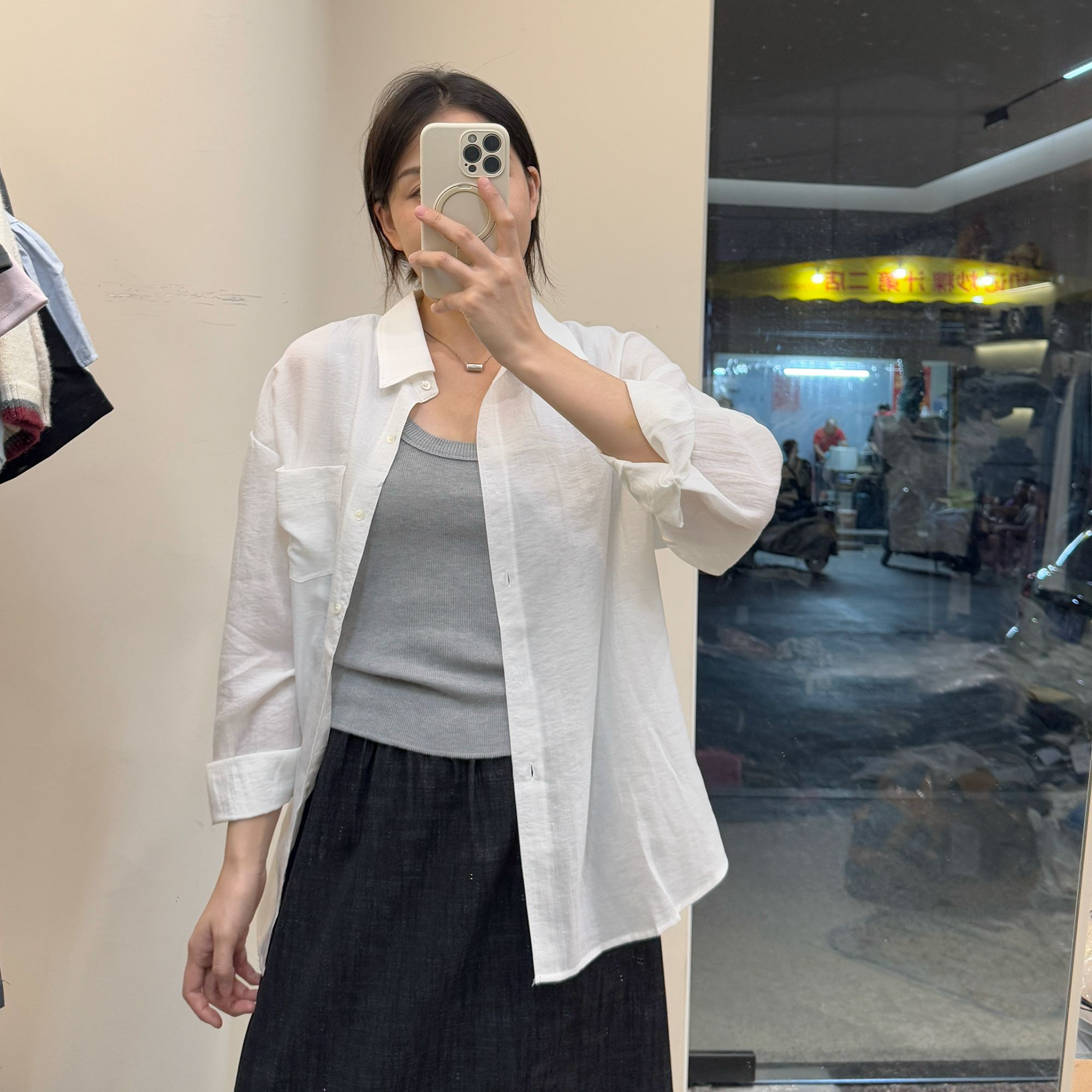 垂感米白色薄款长袖衬衫（穿到140斤衣长67胸围122）