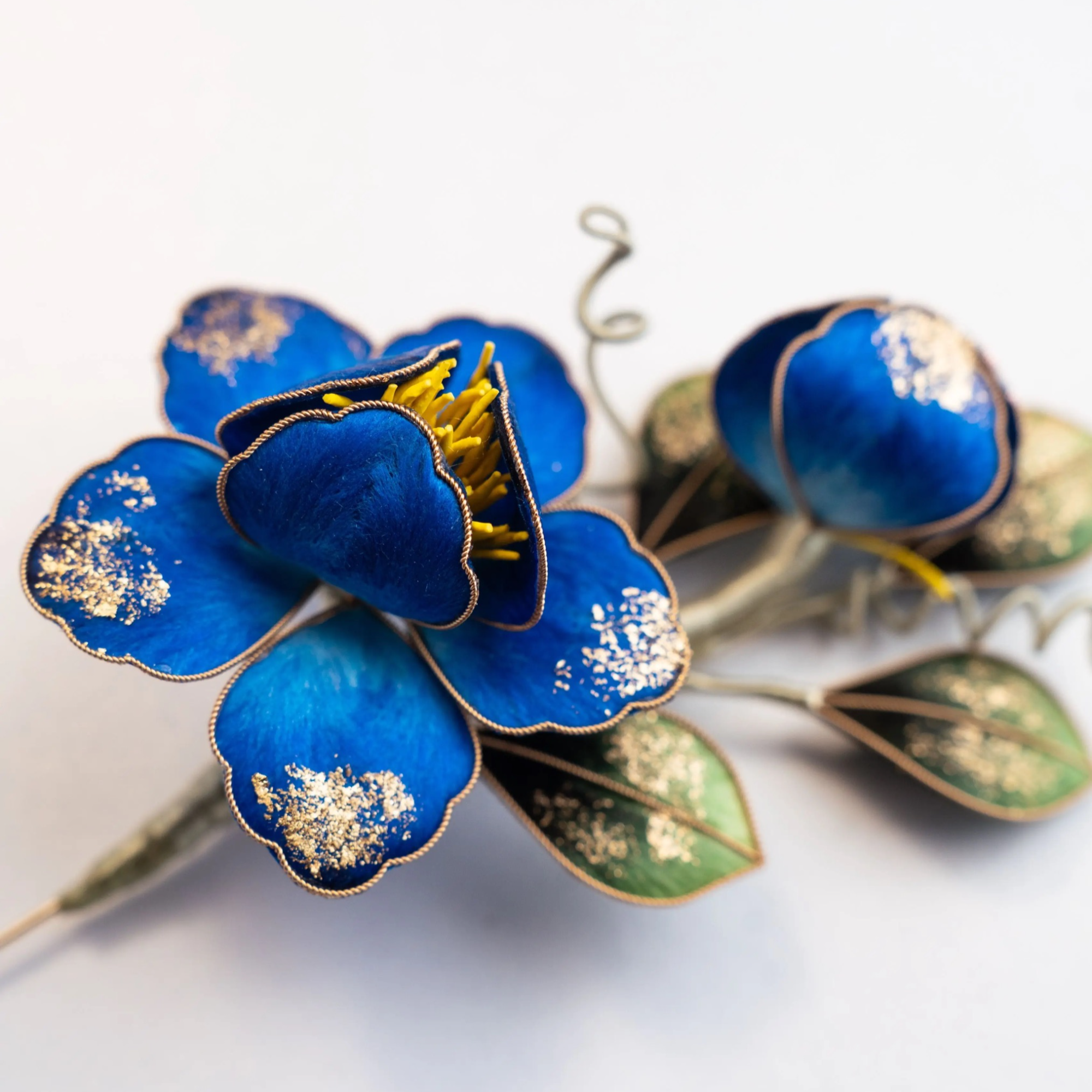 鎏金掐丝胸针非遗绒花发夹蓝色牡丹花发簪手工气质百搭绒花