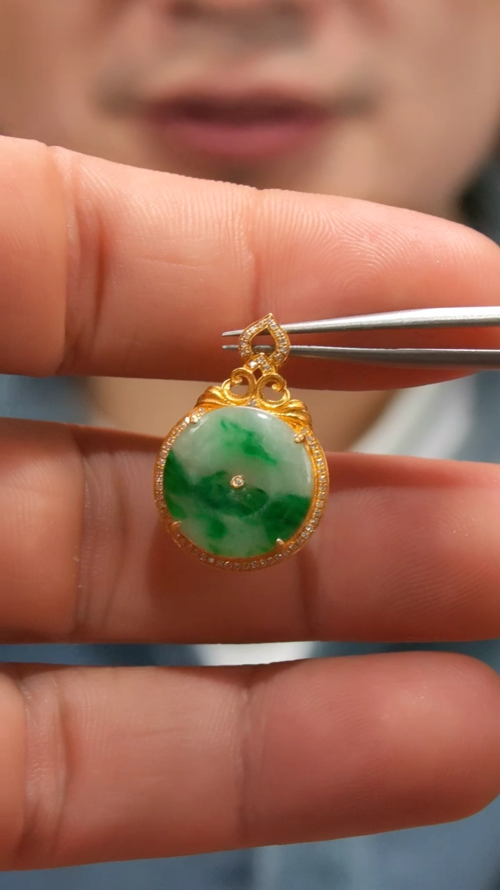 颈饰18K金镶嵌翡翠18K金翡翠平安扣吊坠WY赠链