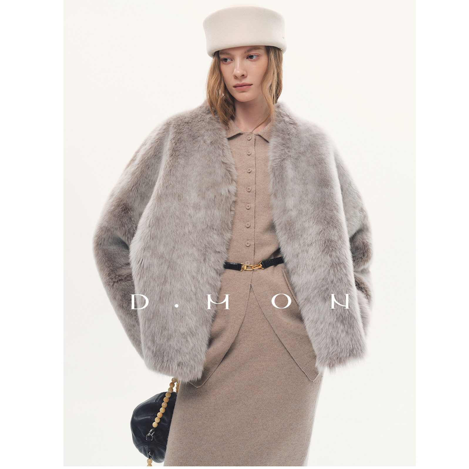 DMON稀缺西班牙进口直毛拉贡复古霜色羊绒感皮毛一体立领廓形皮草