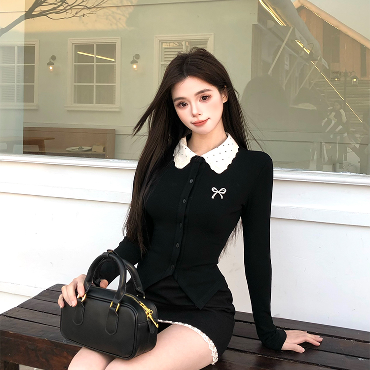 韩版慵懒风修身纯色刺绣polo领秋冬2025新款时尚百搭长袖上衣女