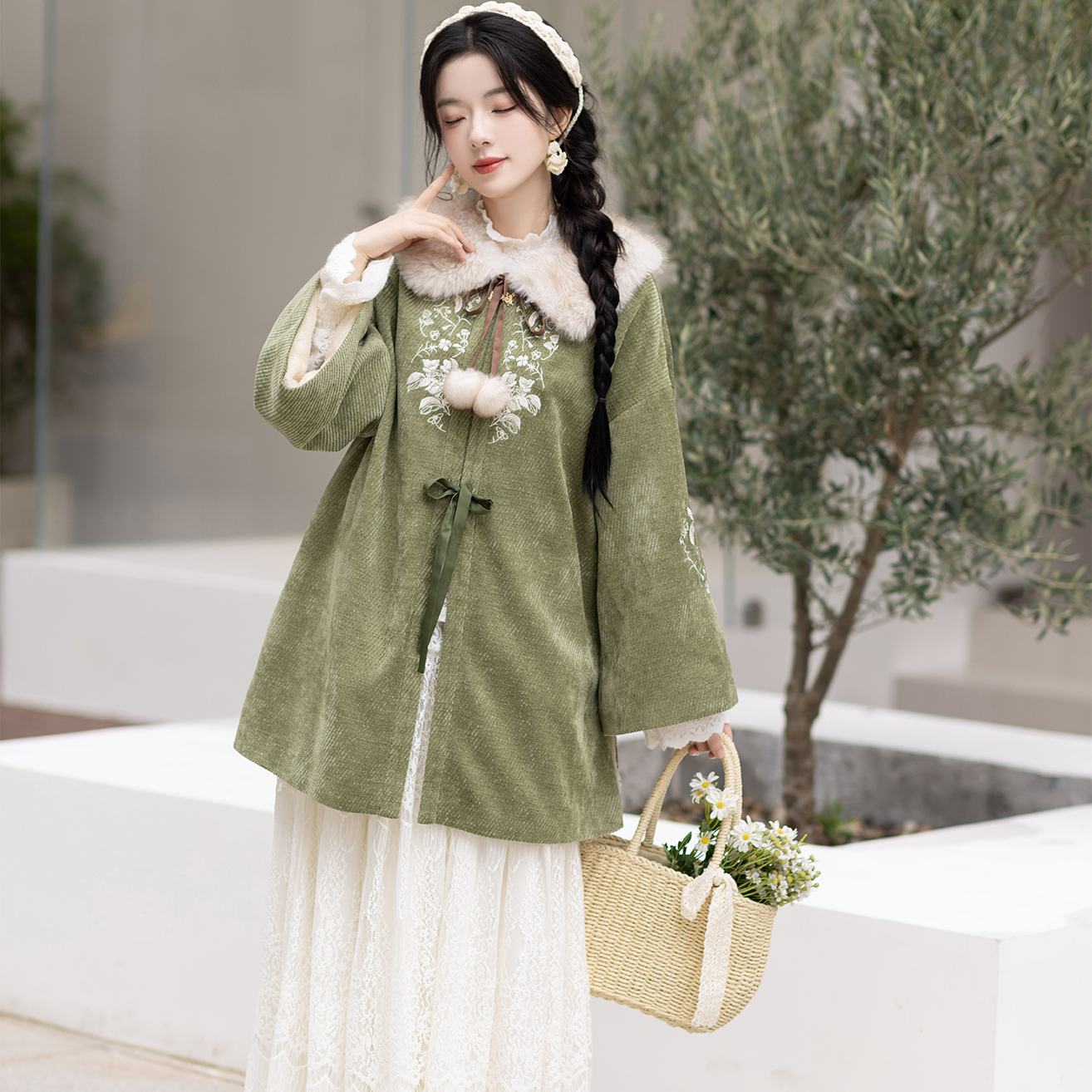 池夏【小雪:松间茶】加绒中长袄仿狐狸毛毛领原创改良汉服女 秋冬