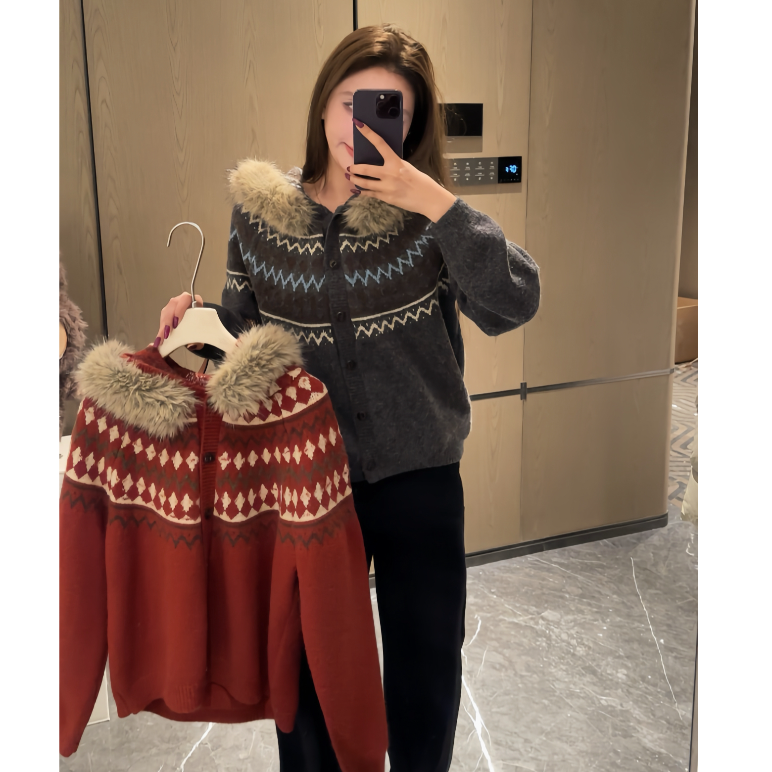 【费尔岛连帽】百搭休闲费尔岛连帽毛领毛衣外套