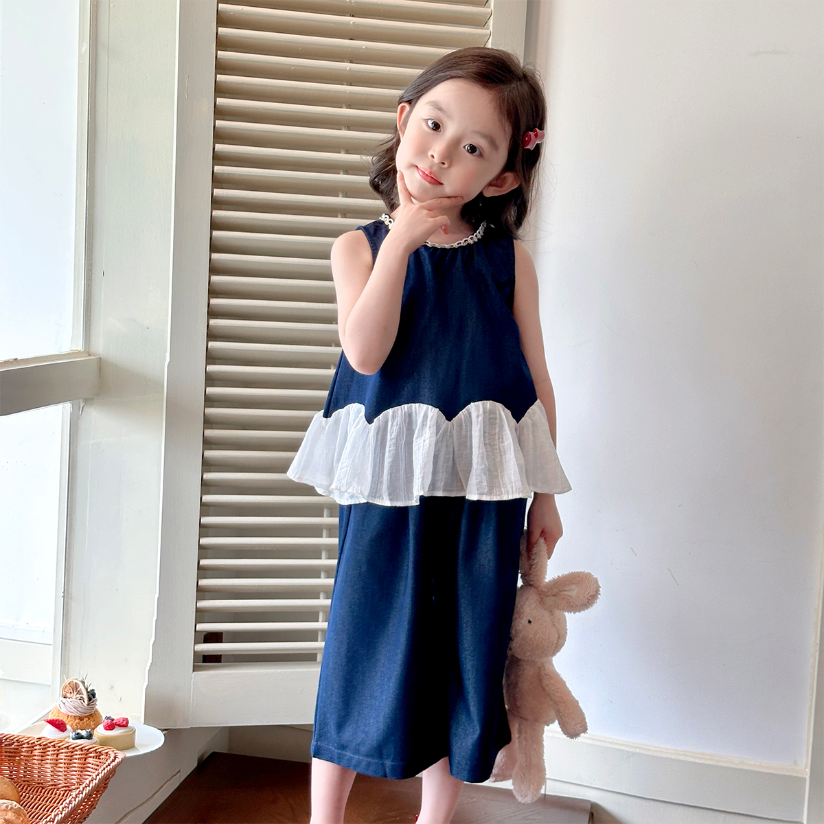 现货【安悦】5573八分裤套装洋气时髦甜美拼色无袖女宝时尚套装