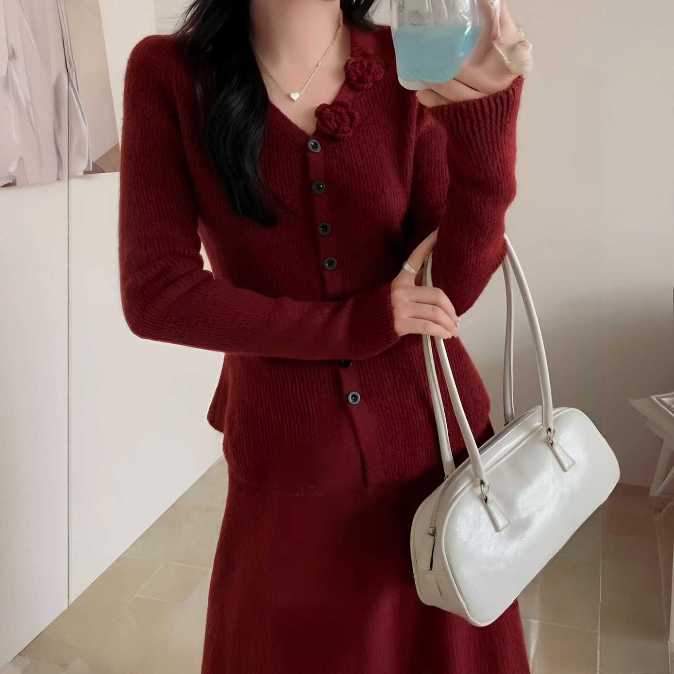 秋冬针织两件套女立体花朵修身显瘦V领开衫半身裙温柔风套装时尚