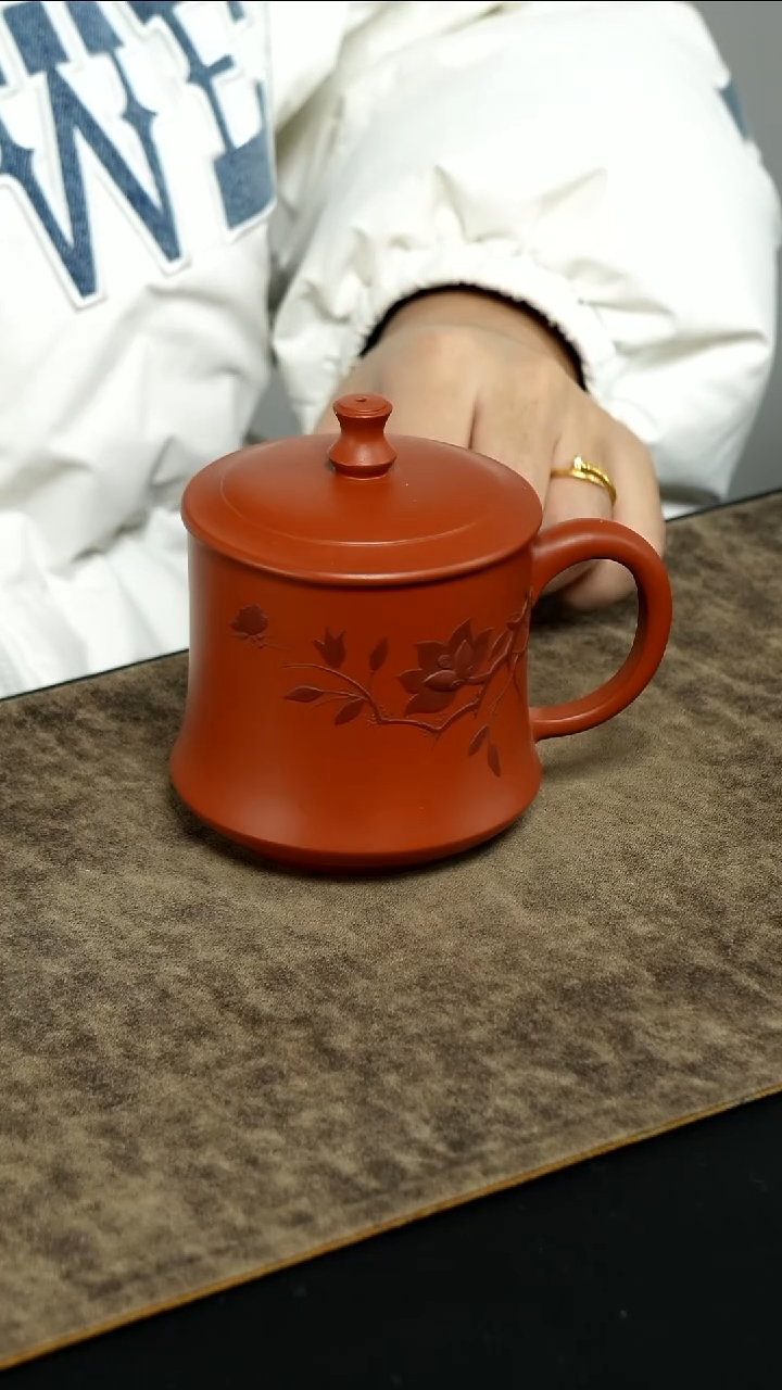 【闪购商品】紫砂茶壶朱泥 紫泥泥绘莲花款柱础型盖杯