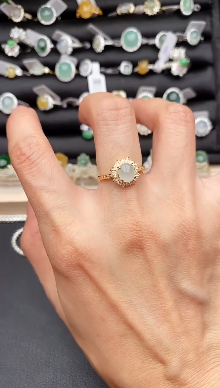 【闪购商品】翡翠戒指银S925镶嵌缅甸天然A货翡翠222   3-4