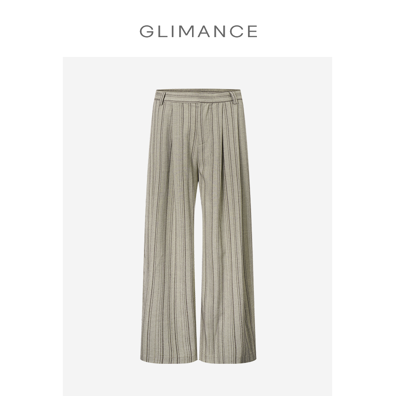 GLIMANCE（GLME）仿麻质肌理松弛条纹垂感阔腿长裤/轻盈透气