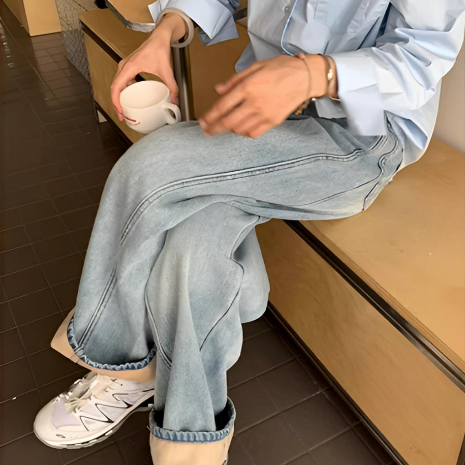 小雅姐姐 加绒浅蓝色高腰阔腿牛仔裤 IE92