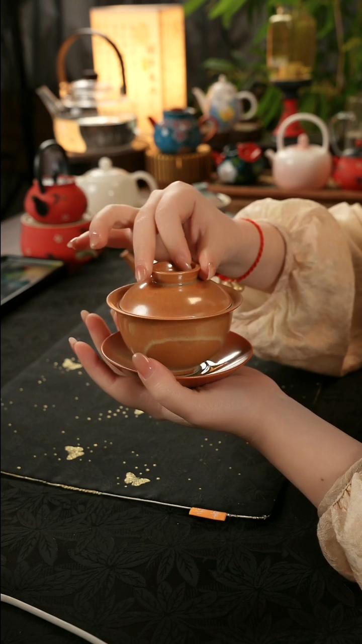 陶瓷茶具楚门柴烧金三才盖碗