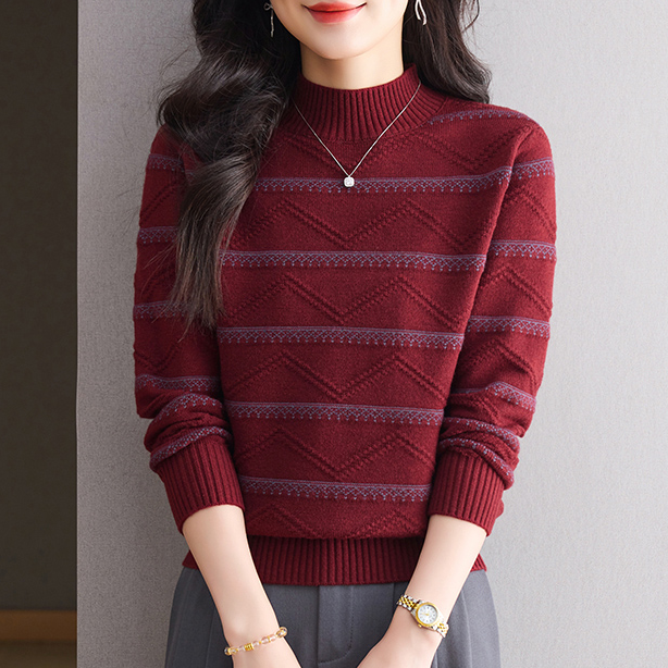 库妃新款秋冬半高领条纹织花波浪纹气质百搭宽松针织衫上衣