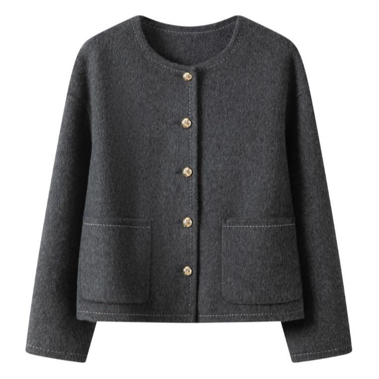 小香风金扣短款简约时尚100%羊毛双面呢大衣