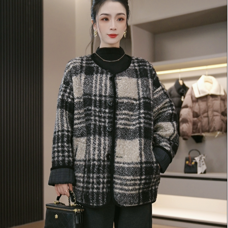 两面穿 经典格纹小香风拼色加厚外套圈圈毛呢大衣2025秋冬新款
