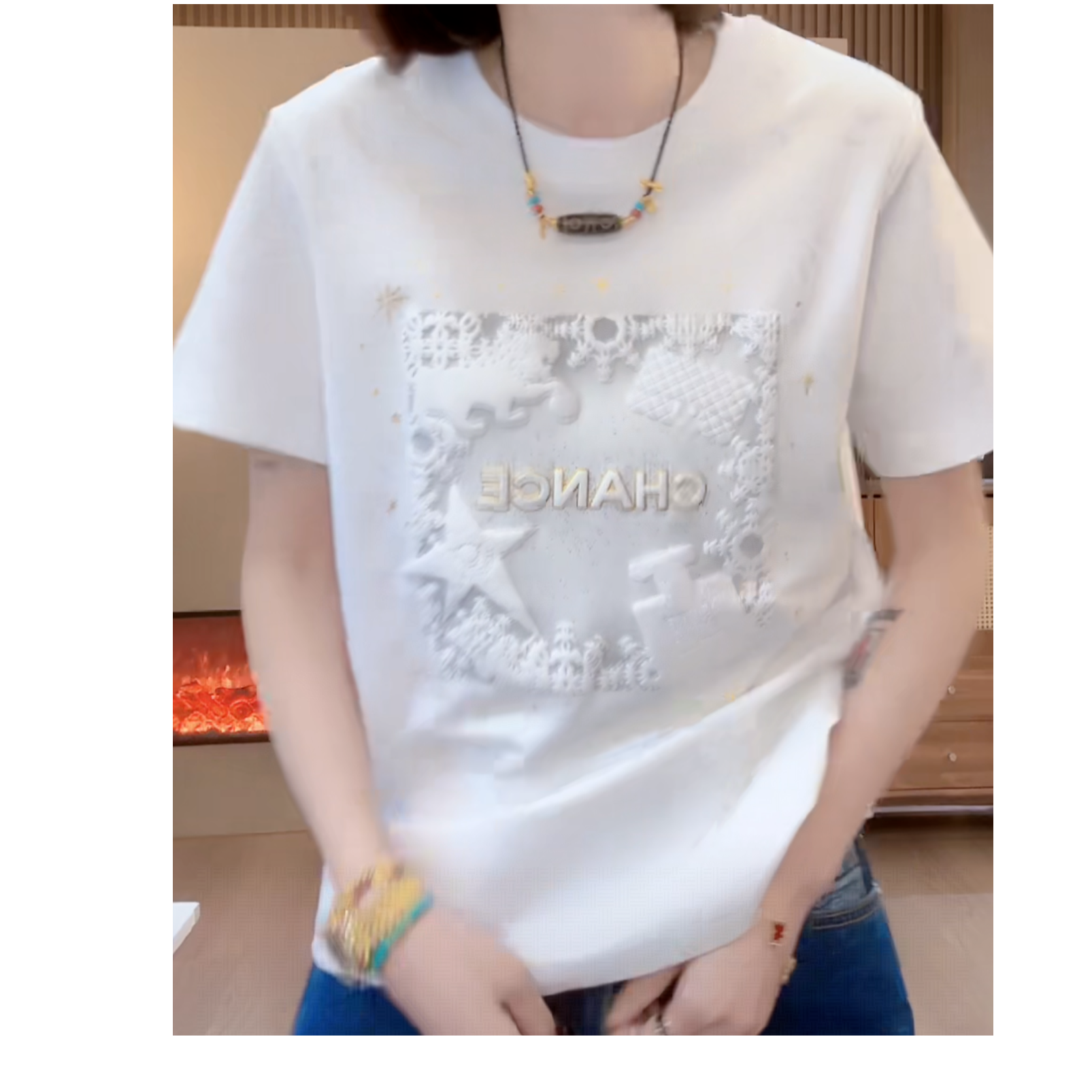 气质潮流洒金圆领短袖T恤女2025年夏季新款薄款时尚上衣休闲宽松